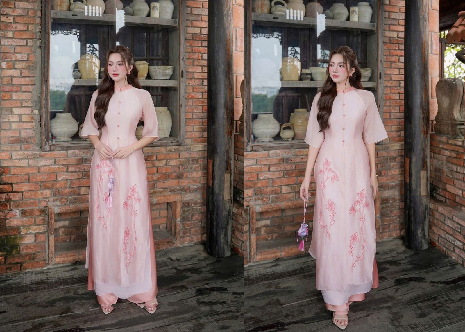 áo dài voan cách tân màu hồng thêu sen 